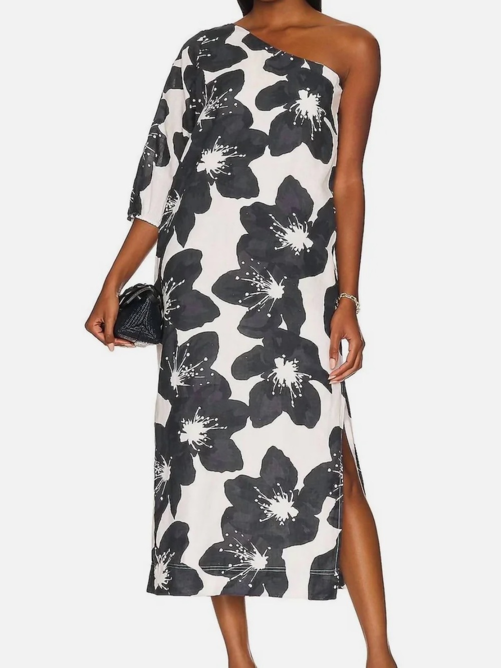 Something Navy | Floral One Shoulder Linen Blend Formal Dress Size Medium